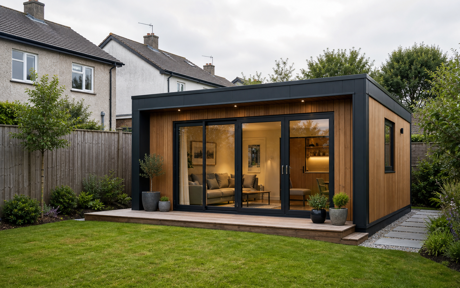 Compact timber-clad garden home beside an Irish house